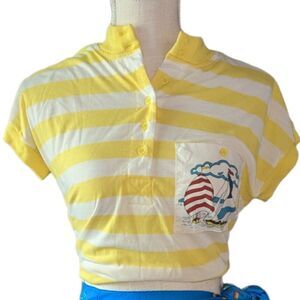 Upper Level vintage yellow‎ and white striped shirt with sailboat pocket